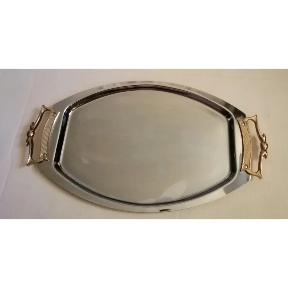 Vintage KROMEX Chrome Serving Tray Brass Handles Mid Century Modern USA Made